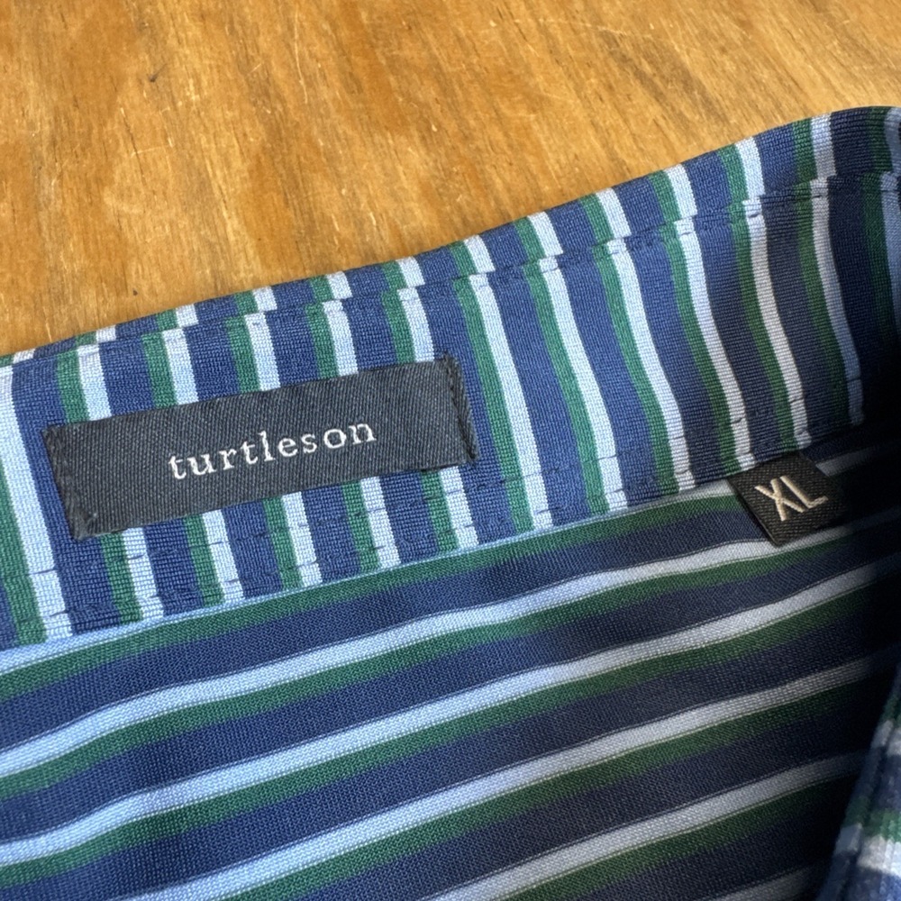SOLD Turtleson Short Sleeve Golf Polo Shirt Mens XL Blue/Green Striped Logo - Picture 6 of 11